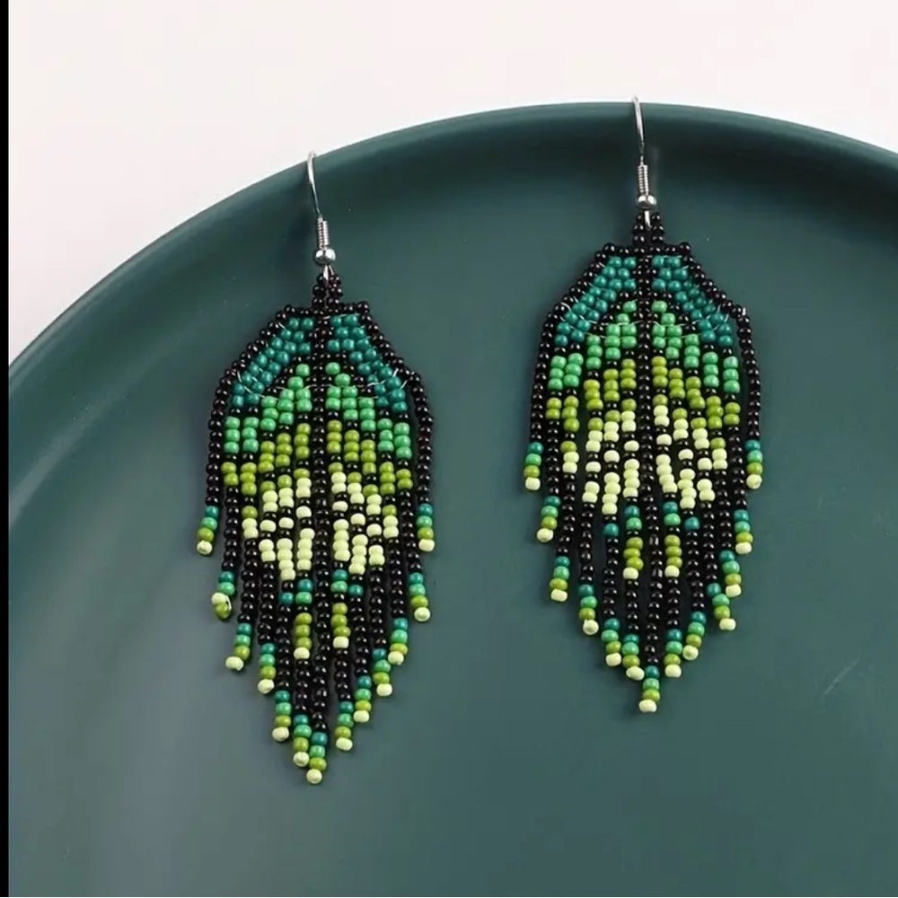 Beaded Dangle Leaf Earrings